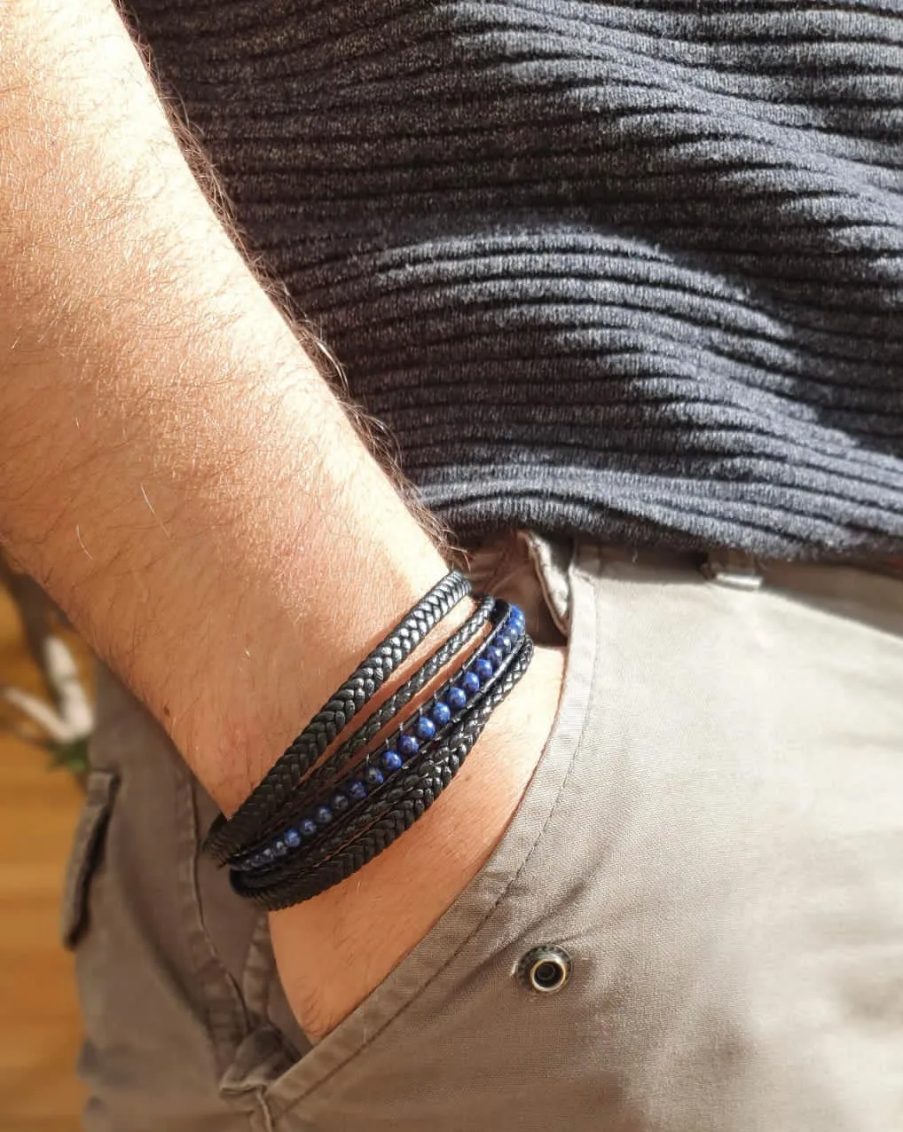 Hexagone Cuir Bracelet cuir perles onyx 21 cm