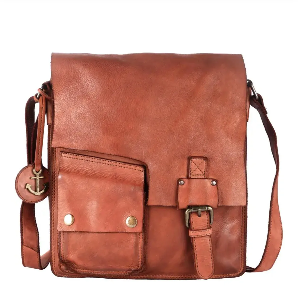 Hexagone Cuir Sacoche Tabac bandoulière cognac