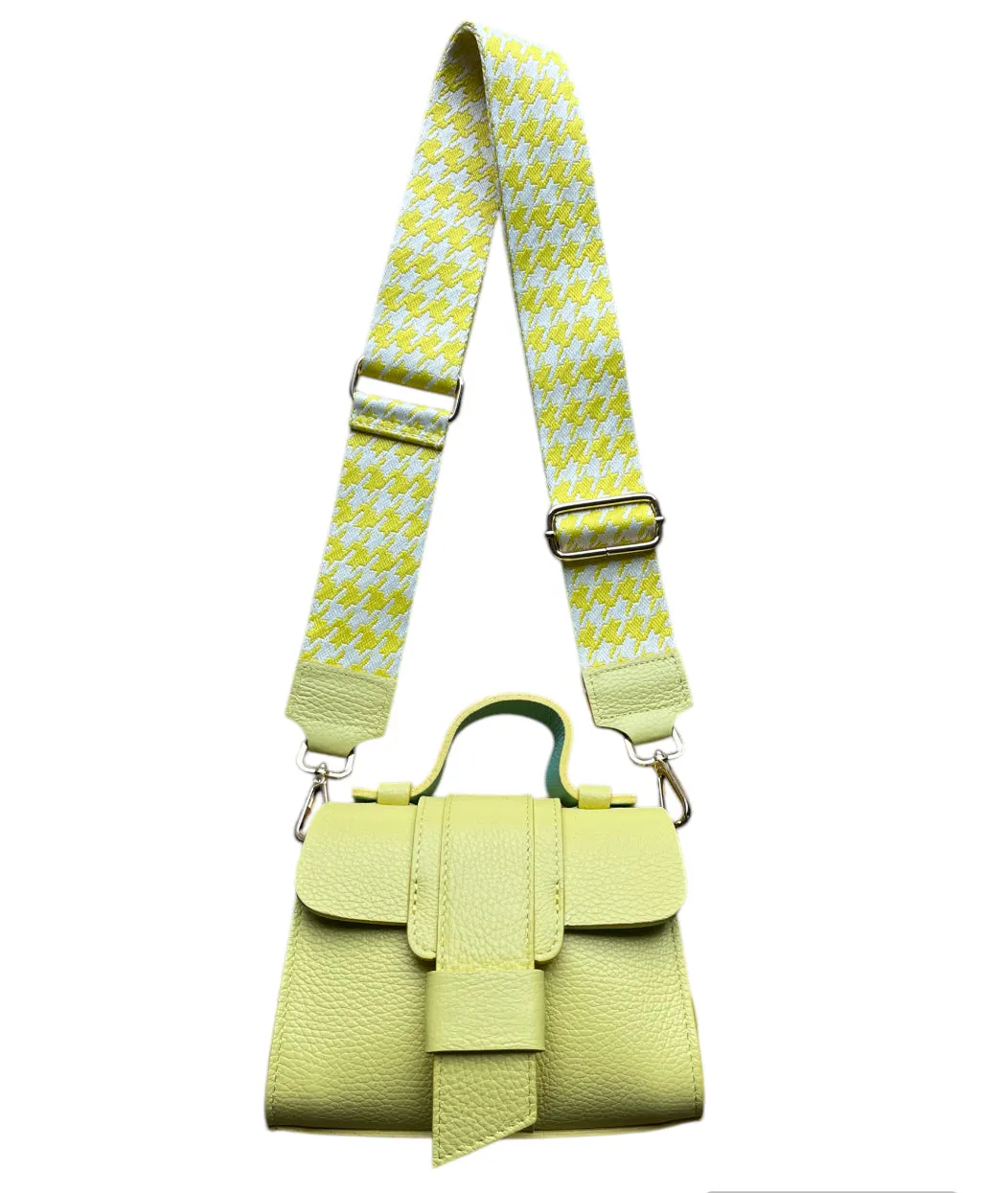 Hexagone Cuir Pied de Poule anse sac jaune/blanc/doré réglable