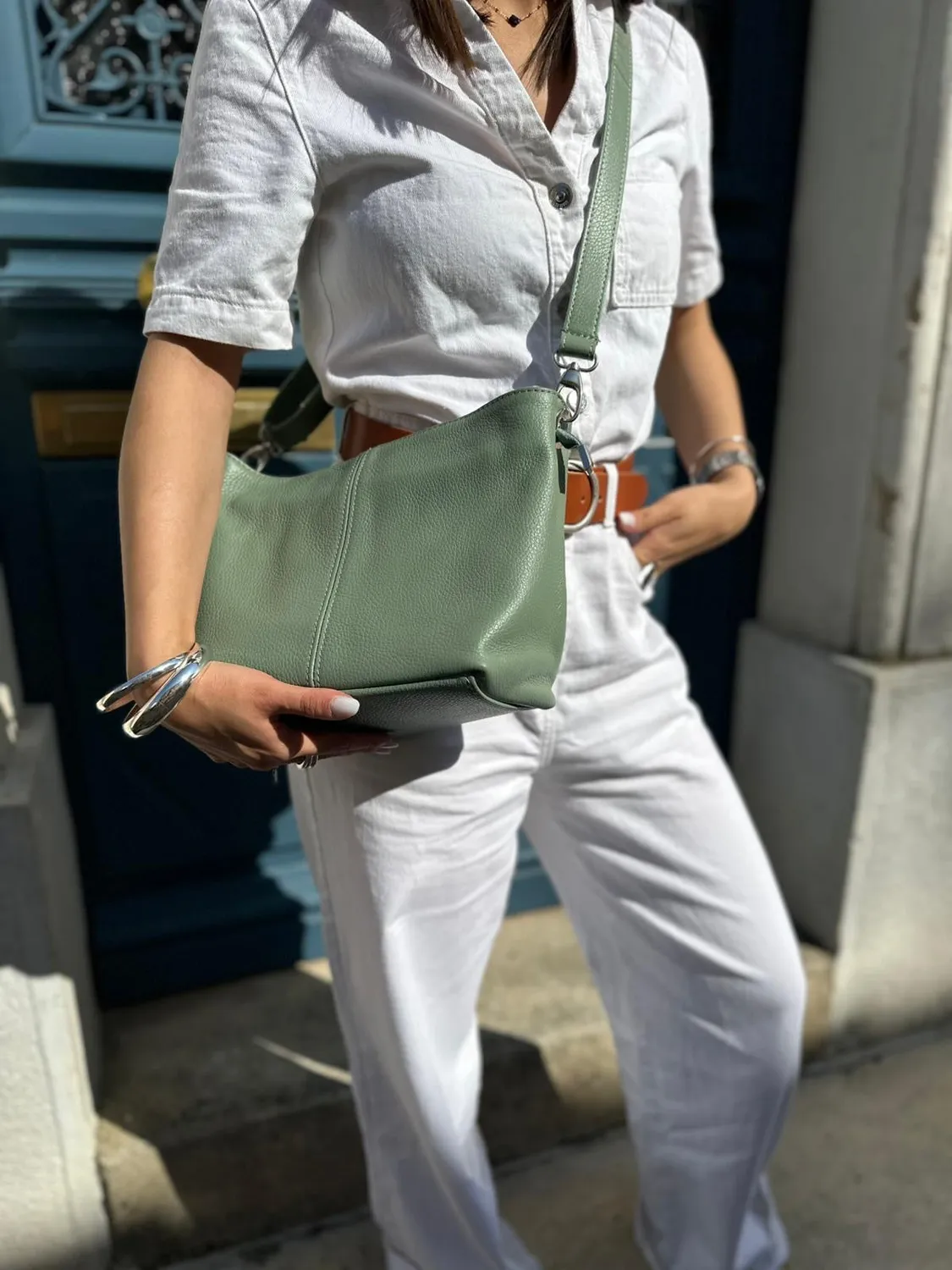 Hexagone Cuir Mini Alex sac bandoulière cuir Menthe 29 cm