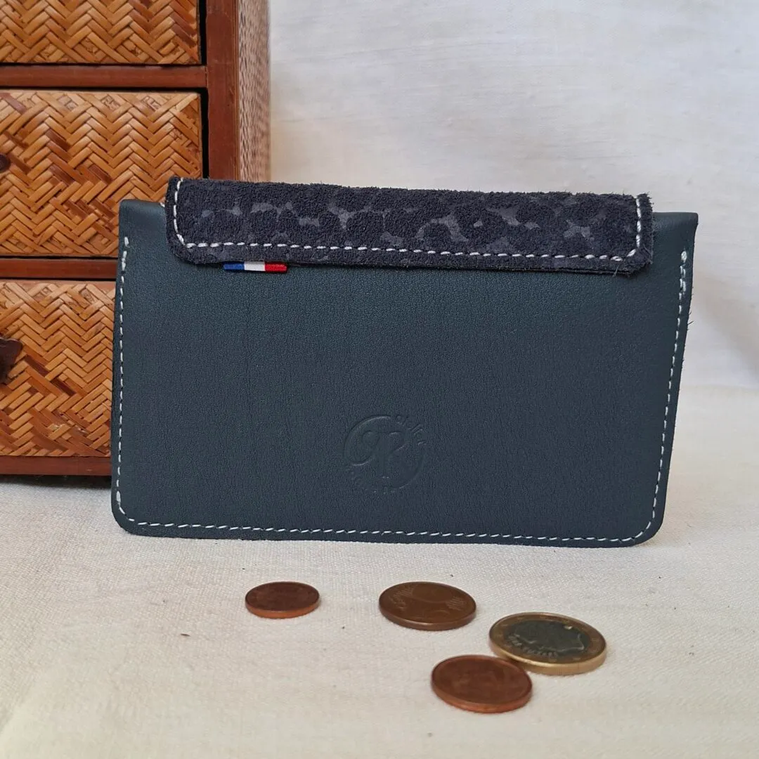 Atelier Anne R porte-monnaie cuir bleu marine panthère