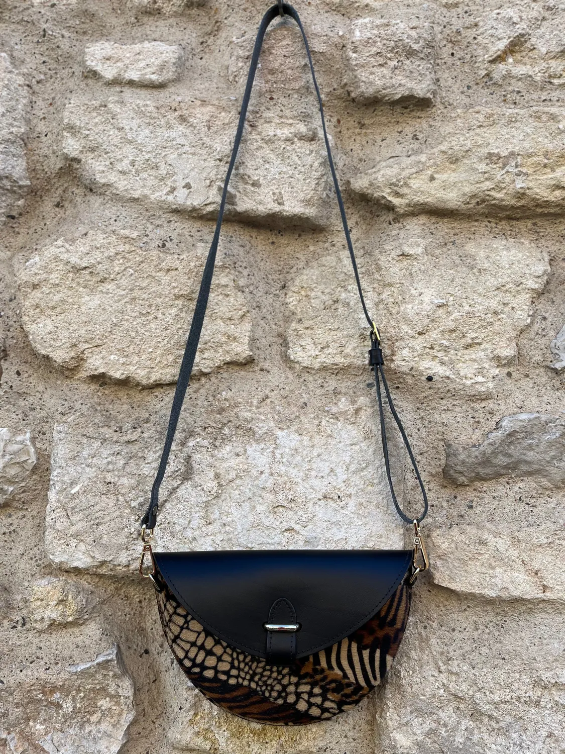 Hexagone Cuir Soleil Animal's sac bandoulière noir camel