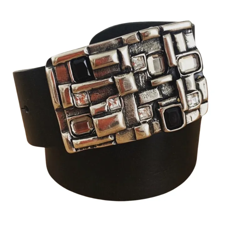 Hexagone Cuir Bijoux ceinture cuir strass noire 85 cm