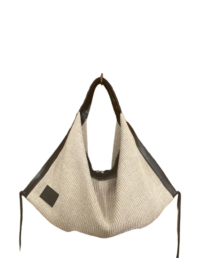 Hexagone Cuir Olympe sac raphia écru noir XL