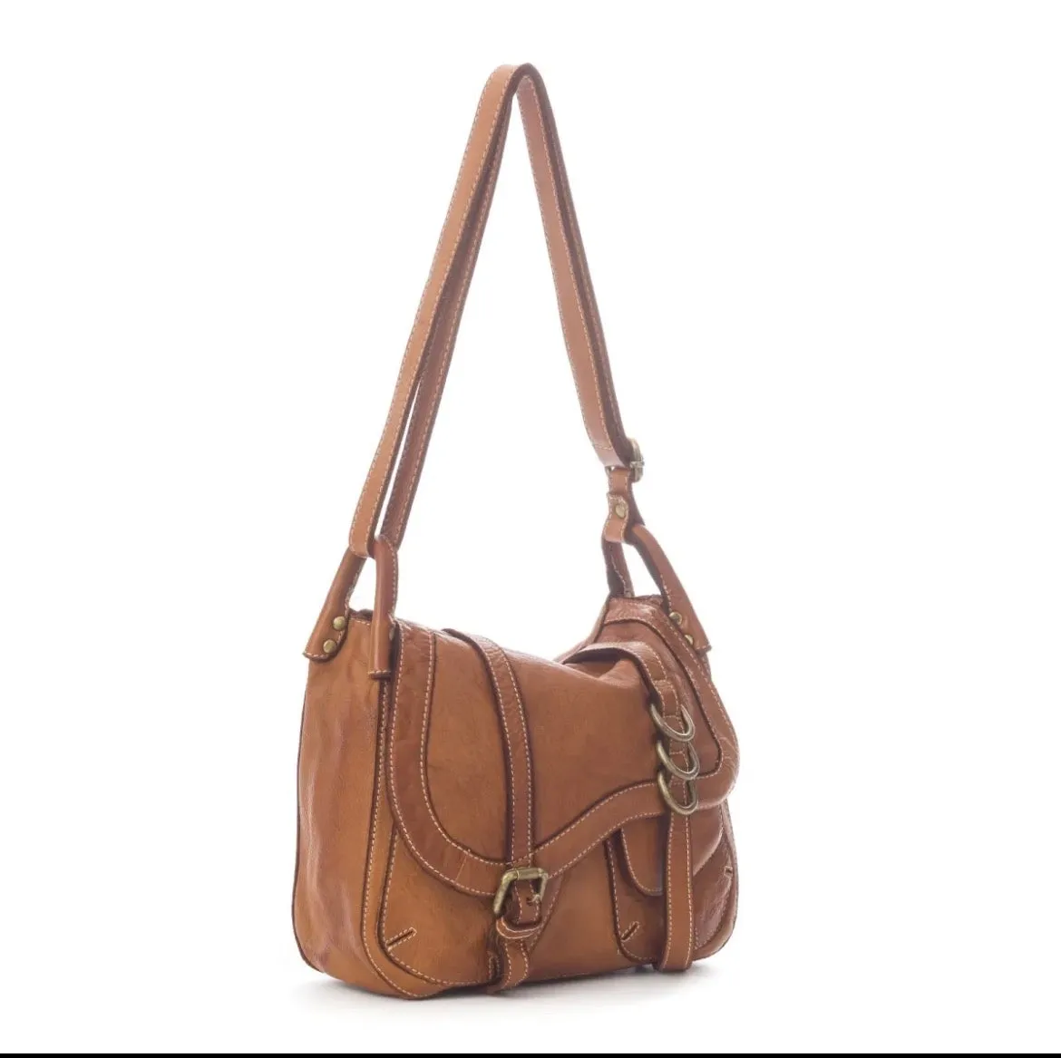 Hexagone Cuir Cavalier sac cuir cognac patiné