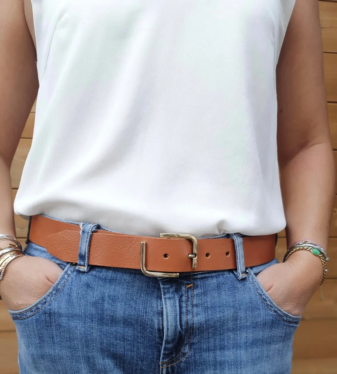 Hexagone Cuir L Laiton ceinture femme cuir cognac 3,5 cm
