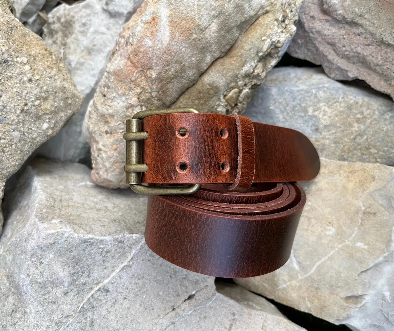 Hexagone Cuir Double Ardillons ceinture cuir cognac