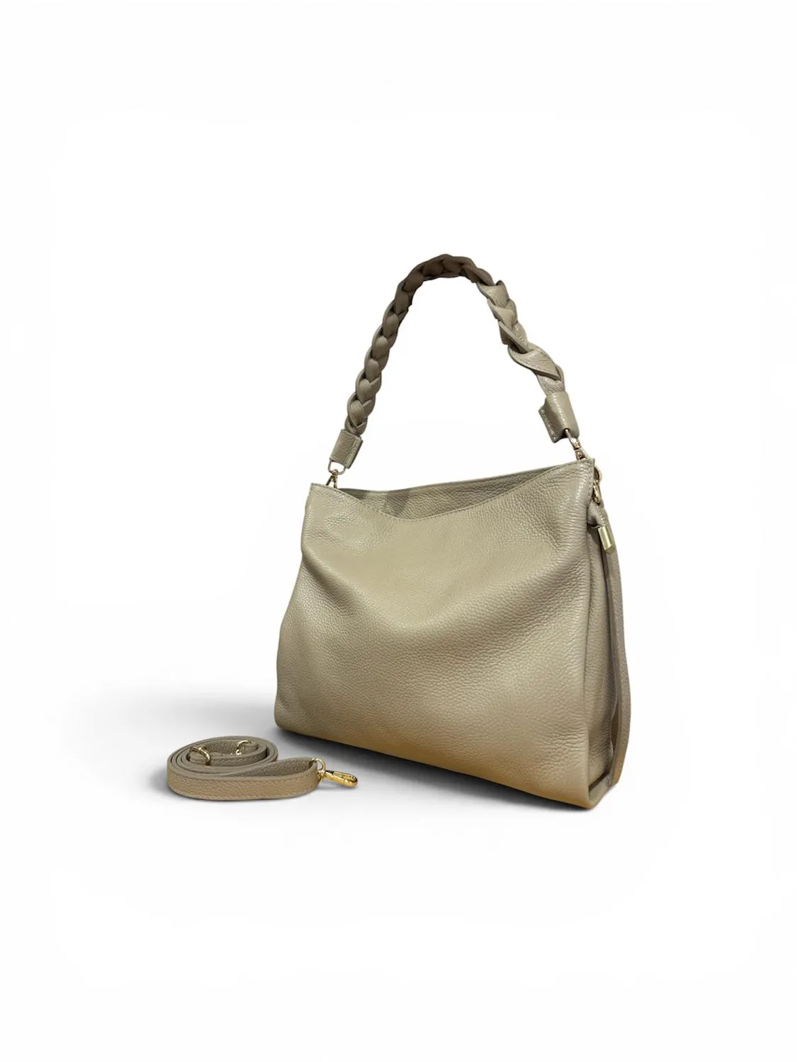 Hexagone Cuir Busy Tressé sac cuir beige 35 cm