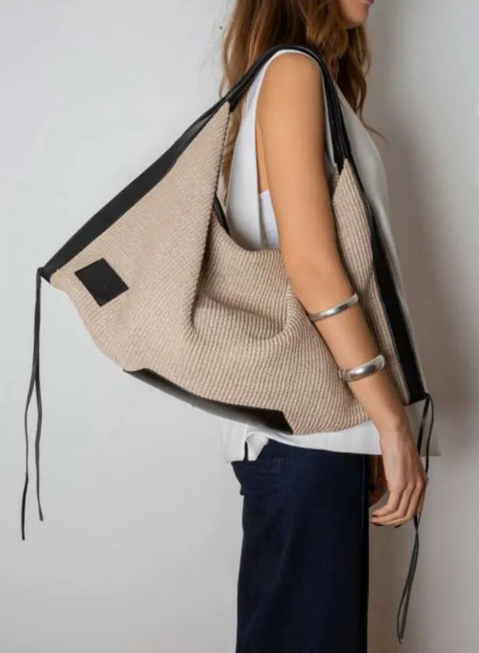 Hexagone Cuir Olympe sac raphia écru noir XL