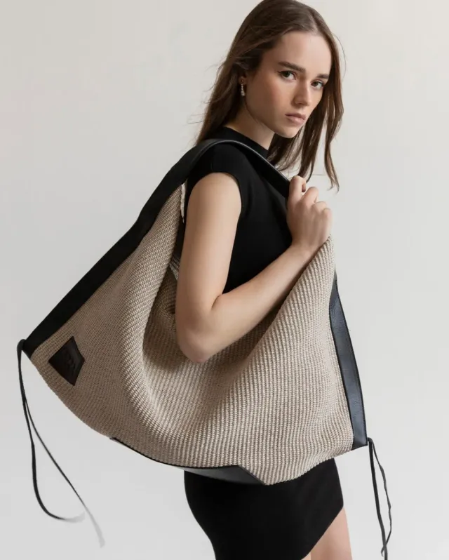 Hexagone Cuir Olympe sac raphia écru noir XL