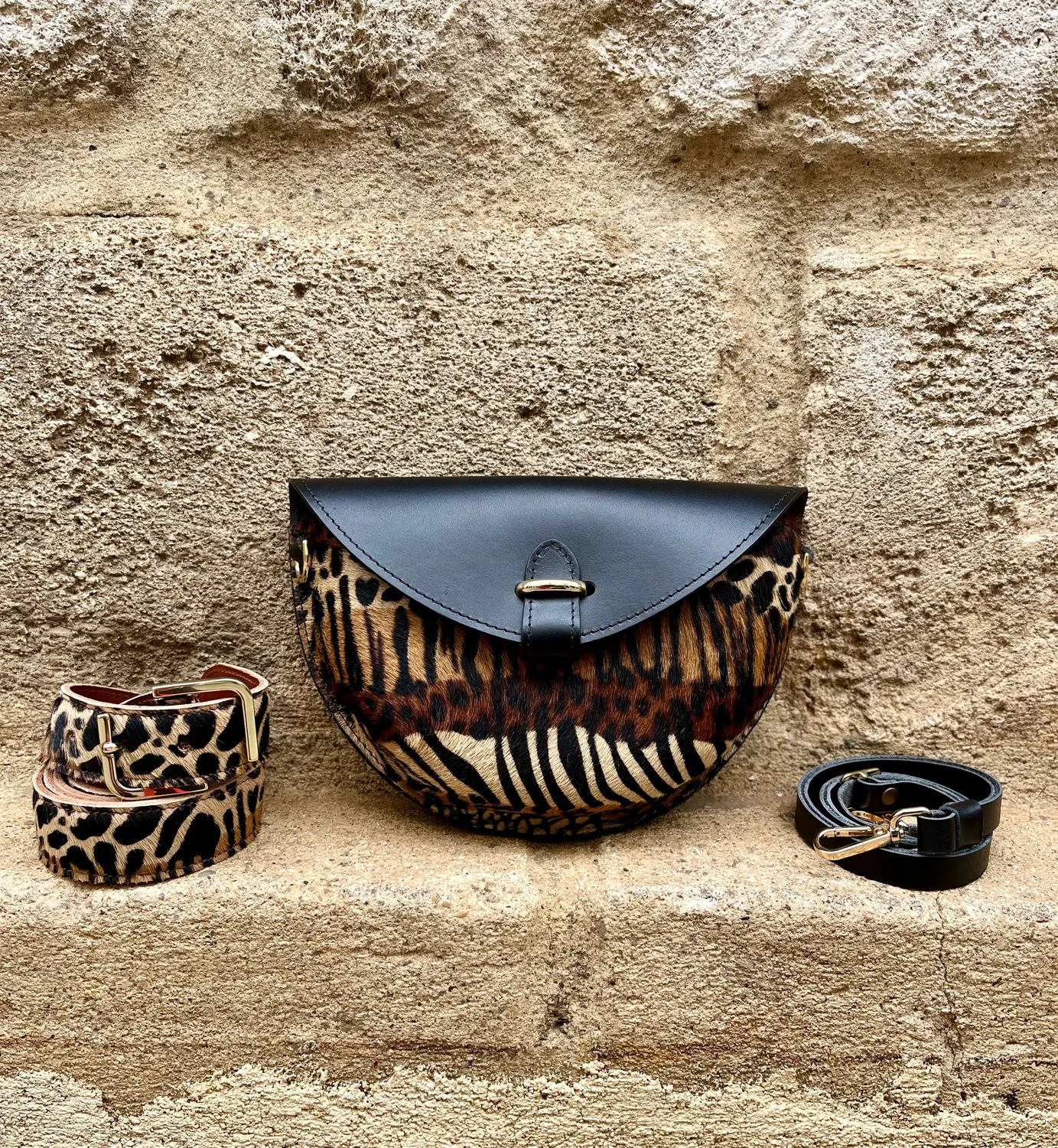 Hexagone Cuir Soleil Animal's sac bandoulière noir camel