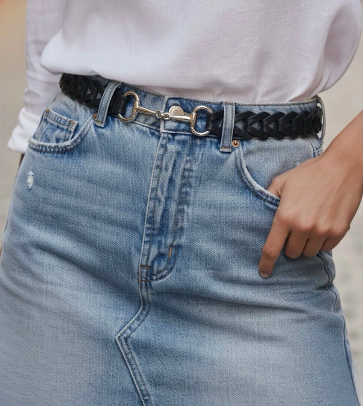 Hexagone Cuir Enfilage ceinture cuir noir argenté