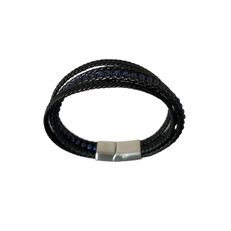 Hexagone Cuir Bracelet cuir perles onyx 21 cm