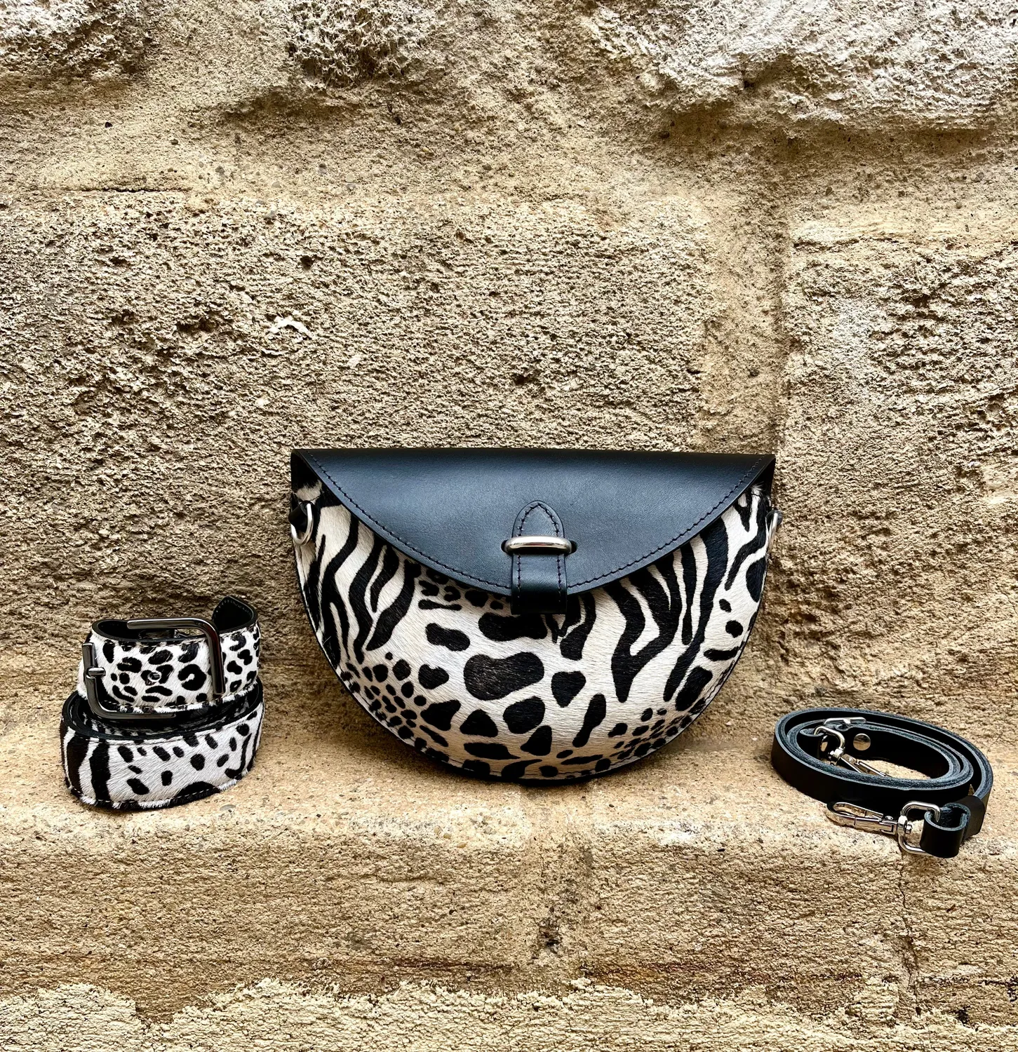 Hexagone Cuir Soleil Animal's sac cuir femme noir imprimé