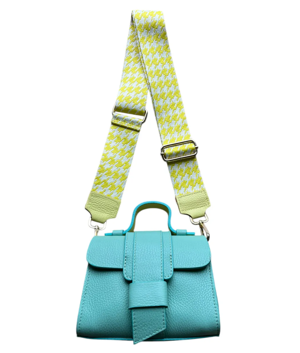 Hexagone Cuir Pied de Poule anse sac jaune/blanc/doré réglable
