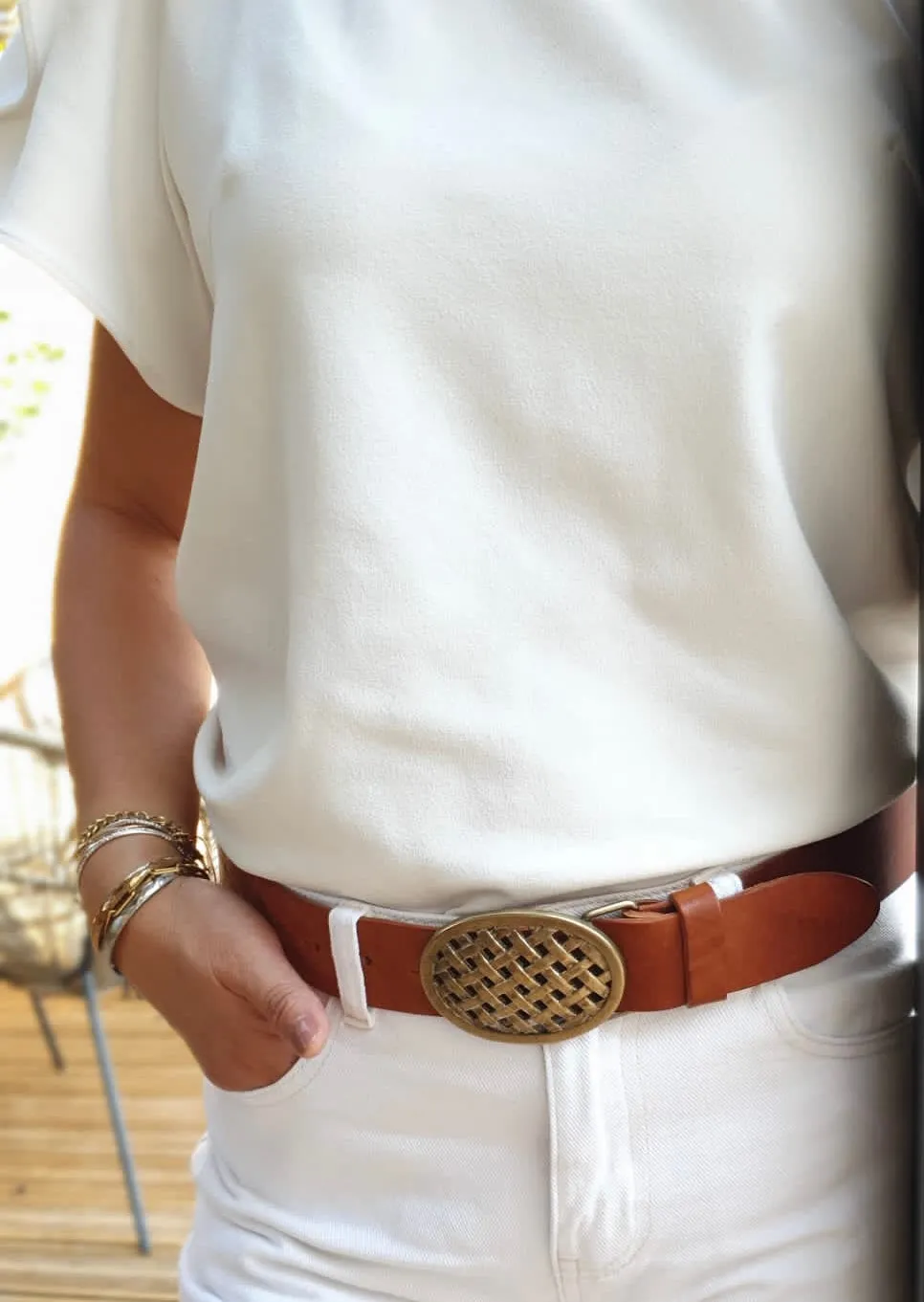 Hexagone Cuir Ovale Tressée ceinture cuir cognac