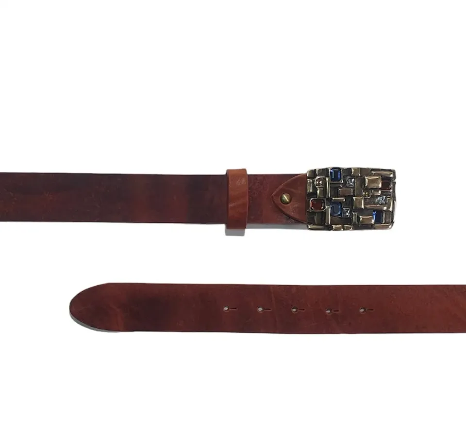 Hexagone Cuir Bijoux ceinture cuir strass noire 85 cm