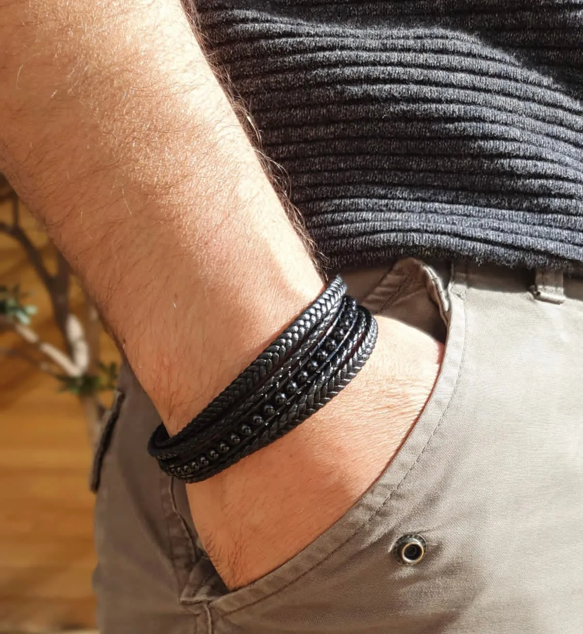 Hexagone Cuir Bracelet cuir perles onyx 21 cm