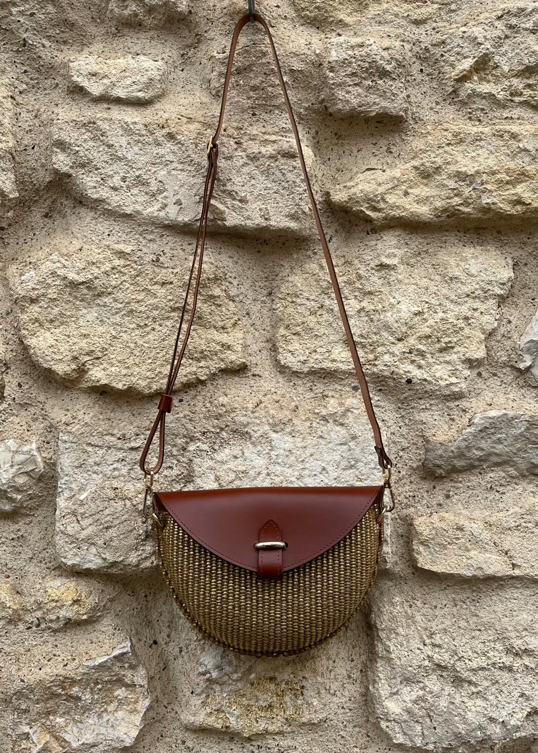 Hexagone Cuir Soleil sac à main cuir raphia cognac
