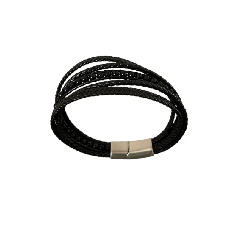 Hexagone Cuir Bracelet cuir perles onyx 21 cm