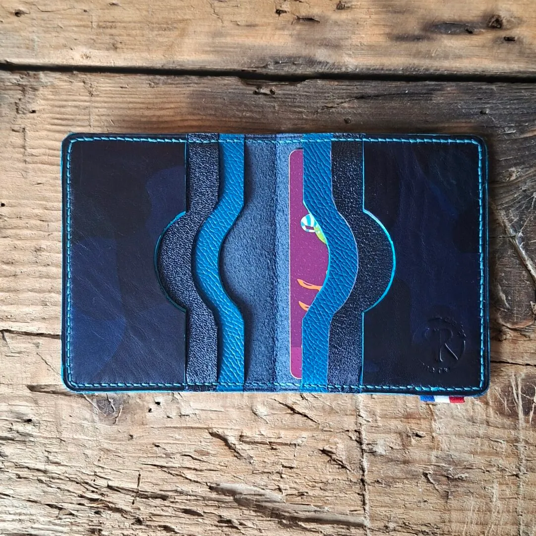 Atelier Anne R porte-cartes cuir bleu camouflage 6 cartes